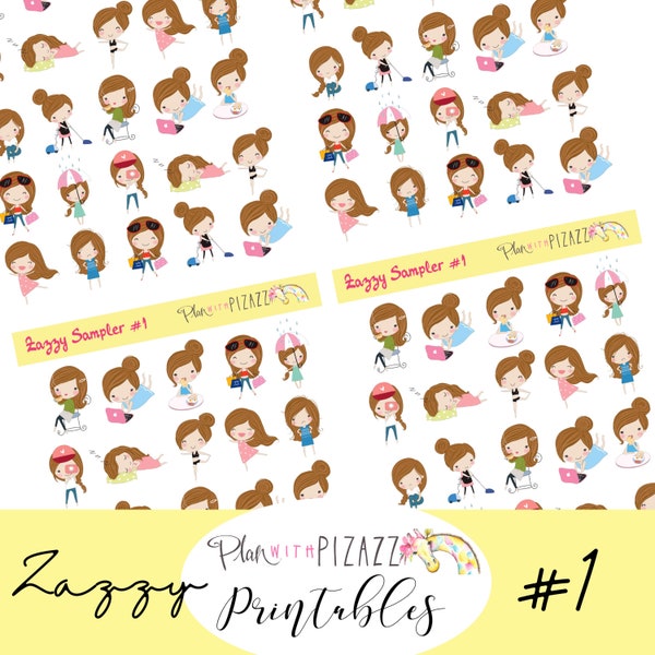 ZAZZY SAMPLER 1 Icons/Printable Script Stickers//Printable PDF// Cut Line Files // Instant Download // Digital Planner Stickers