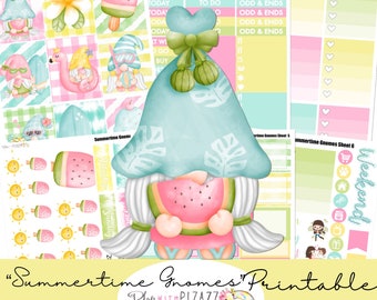 SUMMERTIME GNOMES//Printable Weekly Kit // Printable PDF // Cut Line Files // Instant Download // Digital Planner Stickers