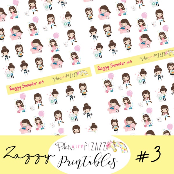 ZAZZY SAMPLER 3 Icons/Printable Script Stickers//Printable PDF// Cut Line Files // Instant Download // Digital Planner Stickers