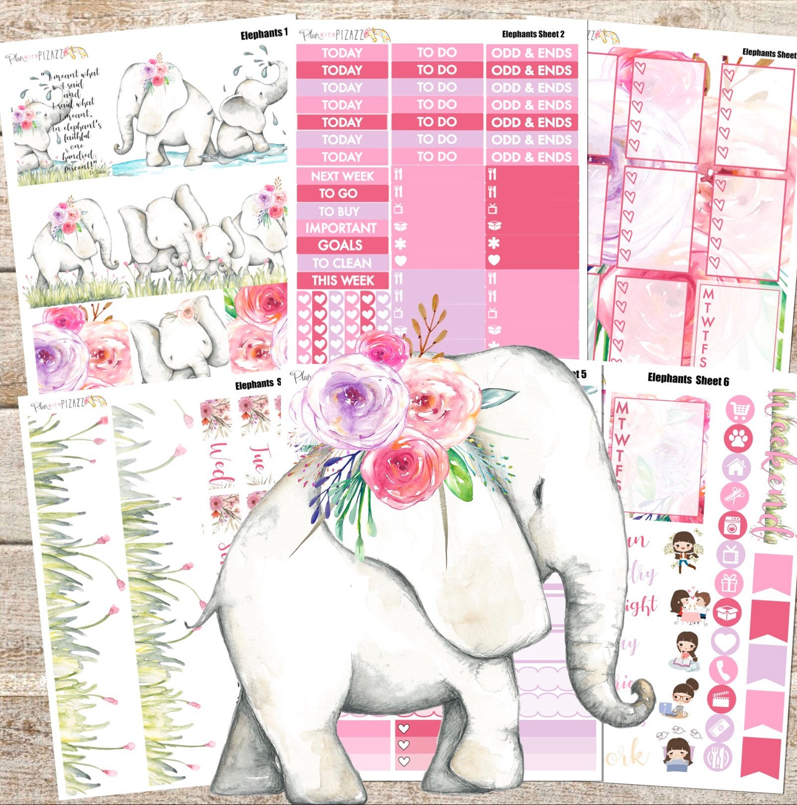 ELEPHANTS Planner STICKERS Individual Sheets sized for Etsy