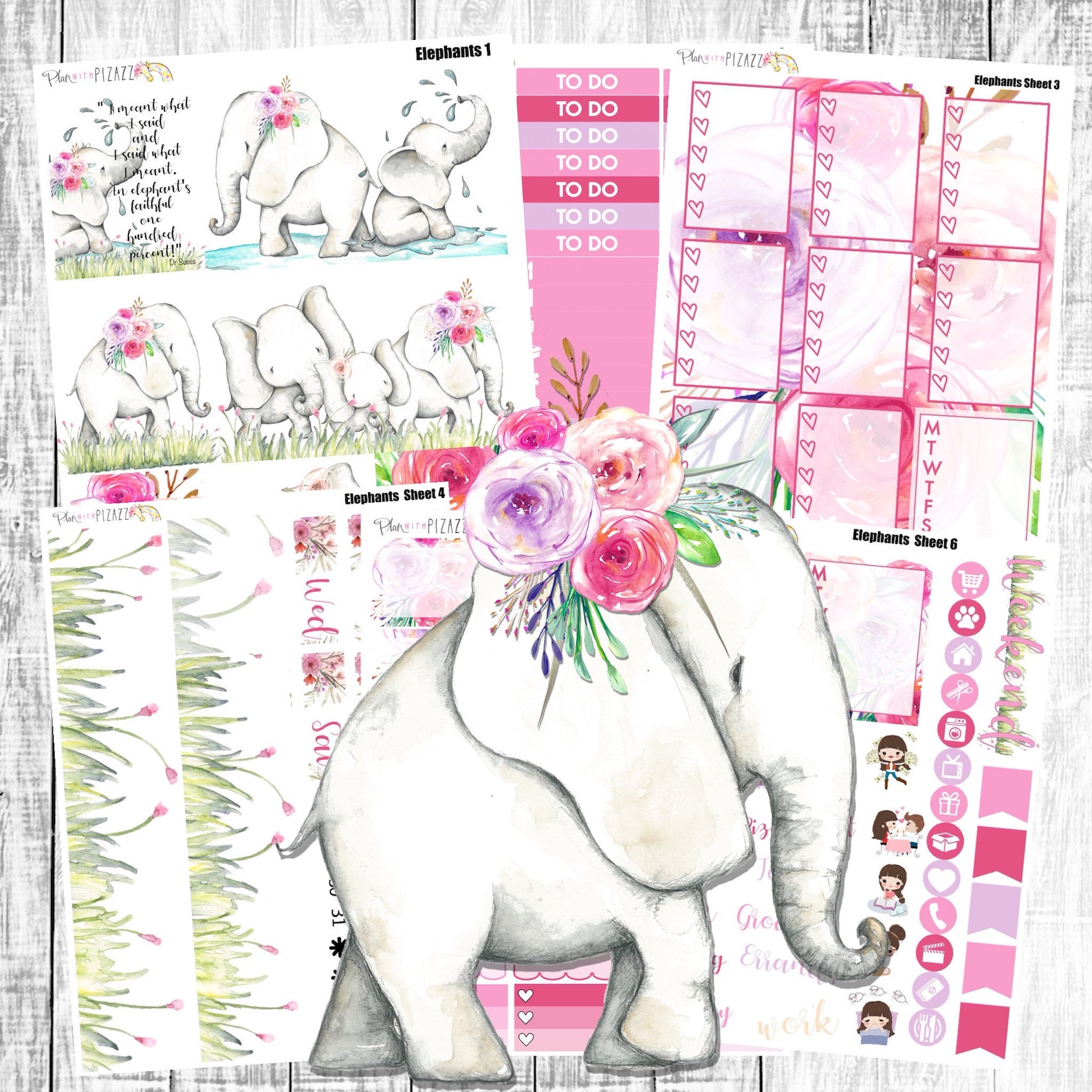 ELEPHANTS Planner STICKERS Individual Sheets Sized for Etsy