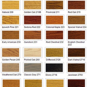 May include: A chart of 18 different wood stain colors from Minwax&reg; Wood Finish&trade;. The colors are arranged in a grid of four columns and five rows. Each color is labeled with its name and number. The colors range from light to dark, and include natural, golden oak, provincial, red oak, ipswich pine, sedona red, colonial maple, special walnut, early american, gunstock, red chestnut, english chestnut, golden pecan, pickled oak, driftwood, dark walnut, weathered oak, classic gray, ebony, jacobean, cherry, fruitwood, puritan pine, and red mahogany.