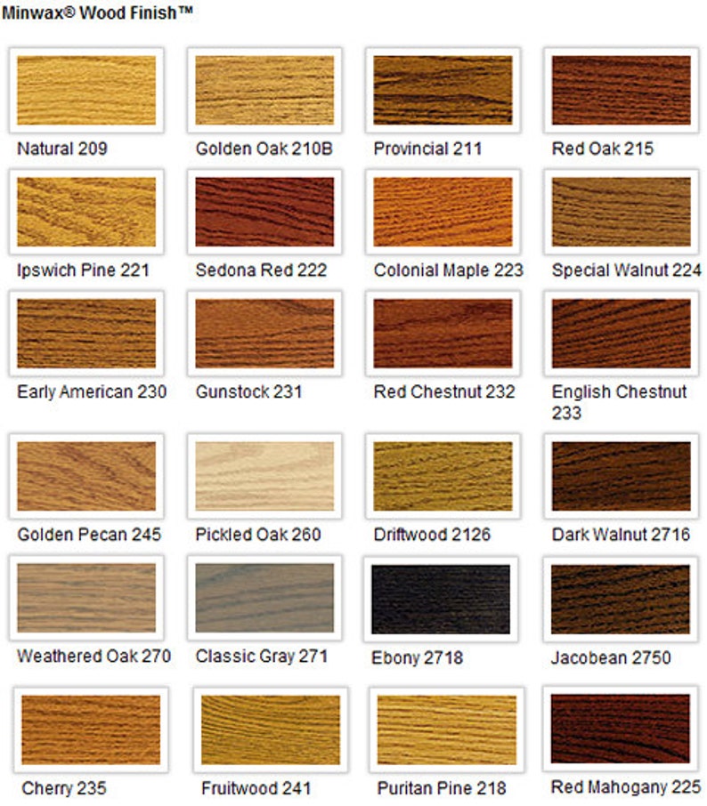 May include: A chart of 18 different wood stain colors from Minwax&reg; Wood Finish&trade;. The colors are arranged in a grid of four columns and five rows. Each color is labeled with its name and number. The colors range from light to dark, and include natural, golden oak, provincial, red oak, ipswich pine, sedona red, colonial maple, special walnut, early american, gunstock, red chestnut, english chestnut, golden pecan, pickled oak, driftwood, dark walnut, weathered oak, classic gray, ebony, jacobean, cherry, fruitwood, puritan pine, and red mahogany.