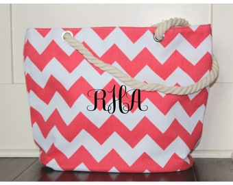 Monogrammed Beach Bag, Coral and White Beach Tote, Teal and White Bag, Bridal Tote, Bridal Gift, Bridesmaid Gift, Monogram Tote, Beach Gift