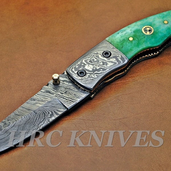 8" Custom Hrc Damascus Folding Knife W/ Bone Handle & Mosaic Pin Dc9