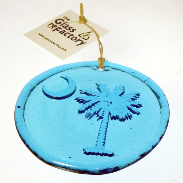 Atrapasol de luna de palmetto de vidrio reciclado, Adorno de luna de palmetto azul, Arte de ventana único