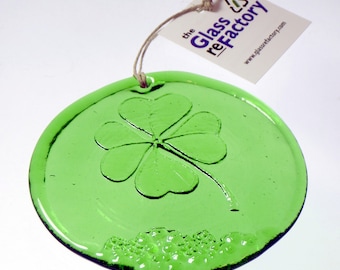 Recycled glass Four Leaf Clover suncatcher, green four leaf clover ornament, window art