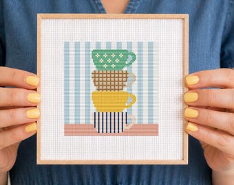 Modèles de point de croix café, tasses Grille de broderie facile pour débutant Design moderne téléchargement pdf numérique cuisine art mural tableau travaux d'aiguille