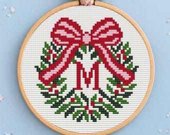 Christmas Monogram Cross Stitch Pattern, Wreath Needlepoint Alphabet A-Z, 3 Inch Letter Ornament Chart, Holly Bow Initial PDF, counted chart