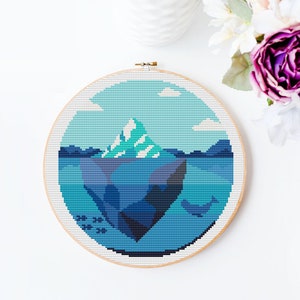 Icebergs Cross Stitch Pattern, Hoop Embroidery, Landscape Modern cross stitch PDF, x-stitch Earth tone, Easy cross stitch, Instant Download