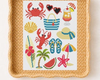 Motif de point de croix de plage Broderie d'été Loisirs de grand-mère Débutant Motif océanique Conception de broderie tropicale Mini grille de points