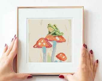 Whimsical Frog on Mushroom Cross Stitch Pattern: Beginner Needlepoint (PDF Pattern) counted chart