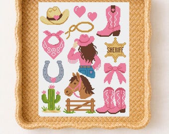 Modèle de point de croix cow-girl, téléchargement numérique Pdf artisanat débutant motif de broderie cheval botte de cowboy rose western couture sur le thème du pays