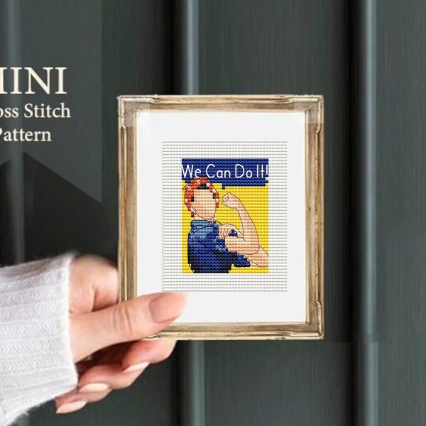 We can do it, Cross stitch pattern PDF,  Rosie the Riveter, famous poster, feminist cross stitch, woman hoop art, mini cross stitch art