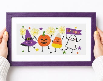 Schema per punto croce di Halloween, schema adatto ai principianti con fantasma, zucca, strega, design Kawaii, progetto di ricamo autunnale, ricamo stagionale facile.