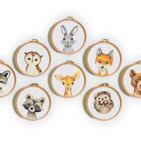 Ensemble de 8 bébés animaux des bois au point de croix facile, motifs PDF, ours, lapin, renard, cerf, hérisson, broderie animaux, bébé point de croix, enfants