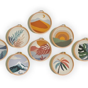 Set von 8 Kreuzstichmustern, Landschaft, moderne Kreuzstichmuster PDF, Stickmuster, Stickmuster, digitales Muster