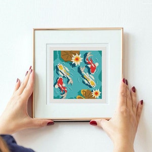 Koi pond cross stitch pattern, Koi fish CHART, cross stitch pdf, Lotus cross stitch, Oriental cross stitch,Koi embroidery, small xstitch PDF