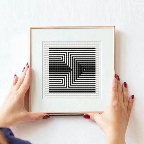 Modern cross stitch pattern geometric, monochrome PDF CHART,  geometric art, easy embroidery pattern PDF. Size: 4x4 with aida14 count.