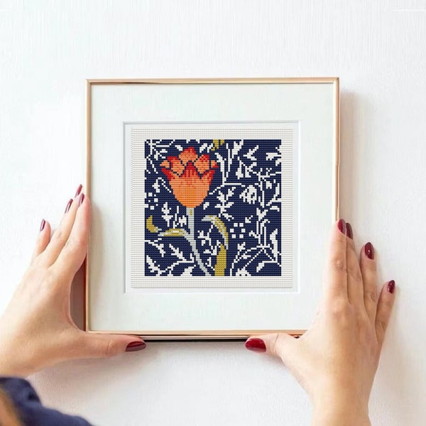 William Morris cross stitch pattern, Tulip morris art, mini museum, cross stitch beginners, PDF download, flowers cross stitch, vintage