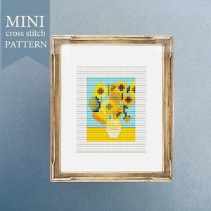 Sunflowers Cross-stitch pattern,  mini cross stitch, miniatures, mini art, PDF download, Vincent Van Gogh, hoop art, mini embroidery art