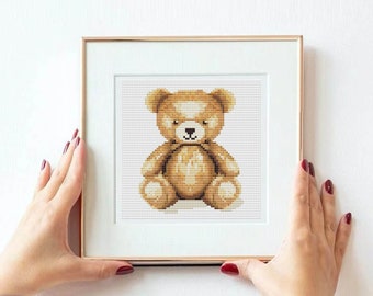 Tiny cross stitch pattern PDF - teddy bear chart, Small Forest animal digital pattern - Cute Bear cross stitching, bear embroidery, begginer