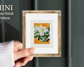 Mini ART cross stitch pattern, "Christmas Roses" by Monet, famous painting small hand embroidery, PDF Instant Download, cross stitch chart