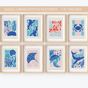 Contemporary cross stitch patterns,Set of 8 SEA Cross stitch patterns, ocean animals cross stitch, Easy cross stitch chart, fish, whale, PDF