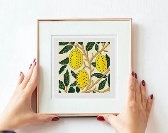 William Morris pattern, fruits mini art, Cross stitch pattern PDF,  lemons morris pattern cross stitch chart, beginner, vintage cross stitch