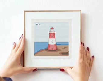 Lighthouse Cross Stitch Pattern: Nautical Coastal Decor (PDF Pattern)  landscape chart