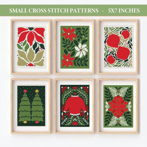 Christmas cross stitch pattern, set of 6, Merry Christmas ornaments, small cross stitch, Christmas embroidery,modern counted cross stitch,