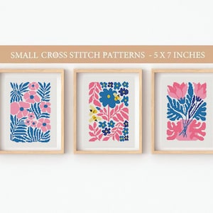 Set of 3 Modern Flowers Cross stitch patterns, Abstract cross stitch, Bee cross stitch, Easy counted cross stitch chart, PDF cross stitch