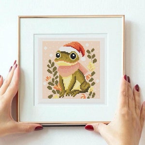 Christmas frog cross stitch pattern, tiny frog embroidery, Frog santa Pattern, digital Cross Stitch, Toad Cross Stitch, Frog lover gift,PDF