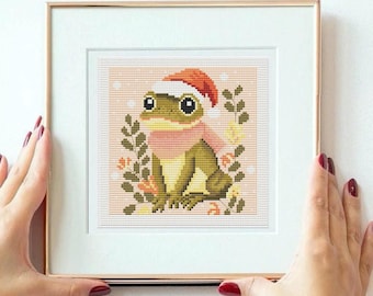 Christmas Frog Cross Stitch Pattern: Tiny Toad Embroidery (PDF) holiday counted chart