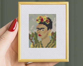 Mini modèle de point de croix Frida Kahlo, brodé à la main (modèle PDF)