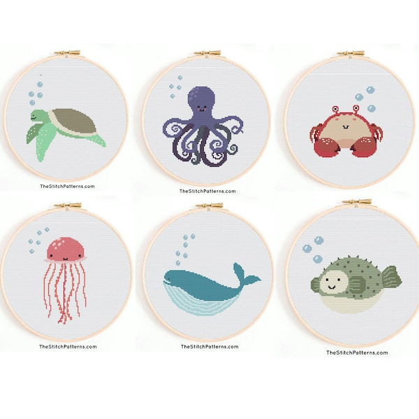Set of 6 Nautical theme pattern, ocean Cross Stitch, Cross Stitch Pattern, jellyfish Decor, Instant Download PDF, Counted Cross Stitch Chart