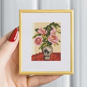 Mini cross stitch pattern, Pink peonies by Camille Pissarro, Tiny Peony flower, Floral  cross stitch, mini art pattern, Floral sampler