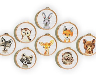 Set of 8 woodland baby animals easy cross stitch PDF Patterns, Bear, Bunny, Fox, Deer,  Hedgehog, embroidery animals, baby cross stitch,kids