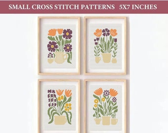 Set of 4 Modern Flowers Cross stitch patterns, Beginner Friendly, Abstract nature cross stitch, Plant, Easy counted cross stitch chart, PDF