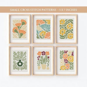 Set van 6 moderne bloemen kruissteekpatronen, bohokleuren, abstracte natuur kruissteek, plant, eenvoudig te tellen kruissteekkaart, pdf-patroon
