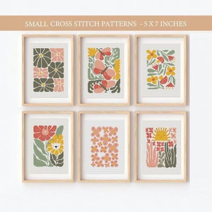 Set van 6 moderne kruissteekpatronen voor kinderen, kruissteek abstracte natuur, boho, eenvoudig telpatroon, kruissteekkaart baby