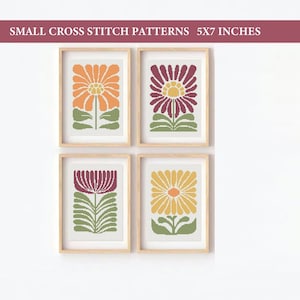Set van 4 moderne bloemen kruissteekpatronen, abstracte kruissteek, natuur, eenvoudig te tellen kruissteekkaart, pdf-patronen, plantensteken