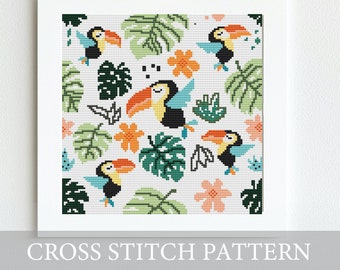 Toucan cross stitch pattern, modern embroiderypattern PDF, cute embroidery floral, hand embroidery bird, cross stitch pattern beginner, hoop