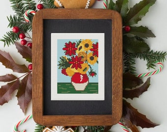 Christmas Cross Stitch Chart, The sunflowers of Van Gogh, winter holiday crafts, Handmade holiday art, small Christmas, festive ornaments,