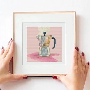 Pink Espresso Maker, stitch pattern,  Coffee Cross Stitch PDF- Digital Download - KITCHEN Cross Stitch - Coffee Lovers Cross Stitch Pattern
