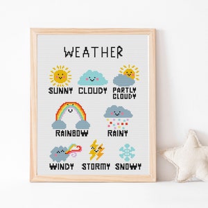 50% korting op de verkoop, kruissteekpatroon, homeschooldecor, weergrafiek, borduurpatroon PDF, direct downloaden, kinderkruissteek, pdf-grafiek