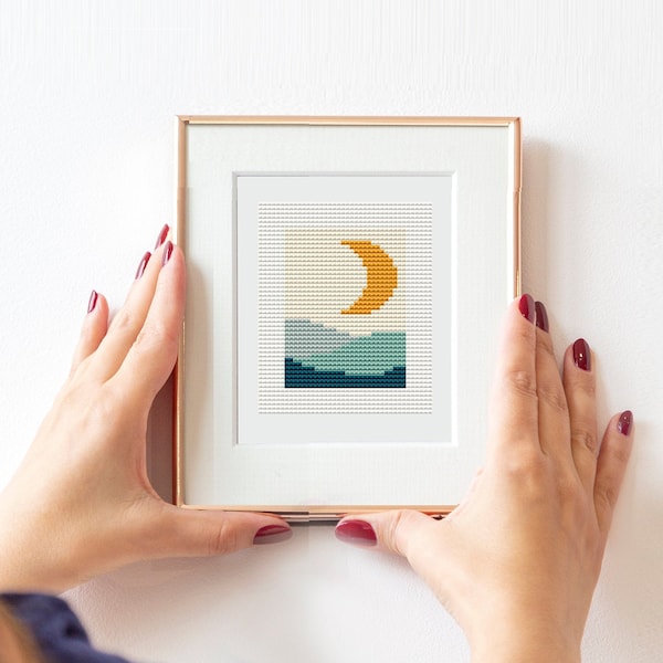 Mini Moon cross stitch pattern PDF, landscape cross stitch pattern, wall home decor, hoop art, modern embroidery, tiny cross stitch pattern