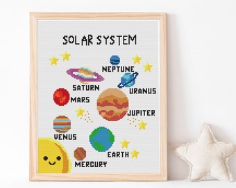 Modern Cross Stitch, Cross stitch, PDF, pattern, homeschool Solar System, Mercury, Venus, Earth, Mars, Jupiter, Saturn, Uranus, Neptune