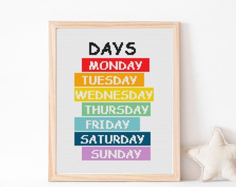 Modern cross stitch patterns, homeschool cross stitch, days cross stitch, school motifs, school cross stitch, rainbow cross stitch, nursery