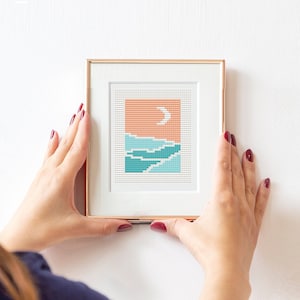 Small Landscape Cross Stitch Pattern Modern, Cross Stitch Pattern PDF, Mountains Counted Cross Stitch, moon Xstitch,  boho cross stitch, pdf